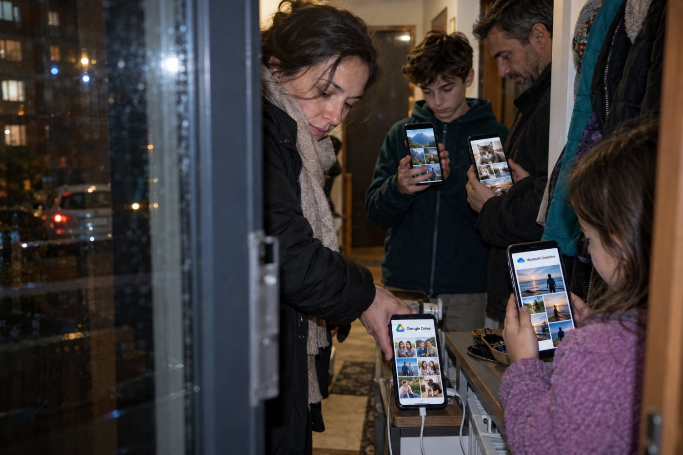 Spațiul Google One folosit în comun de familie, comparat cu spațiul OneDrive alocat fiecărei persoane.