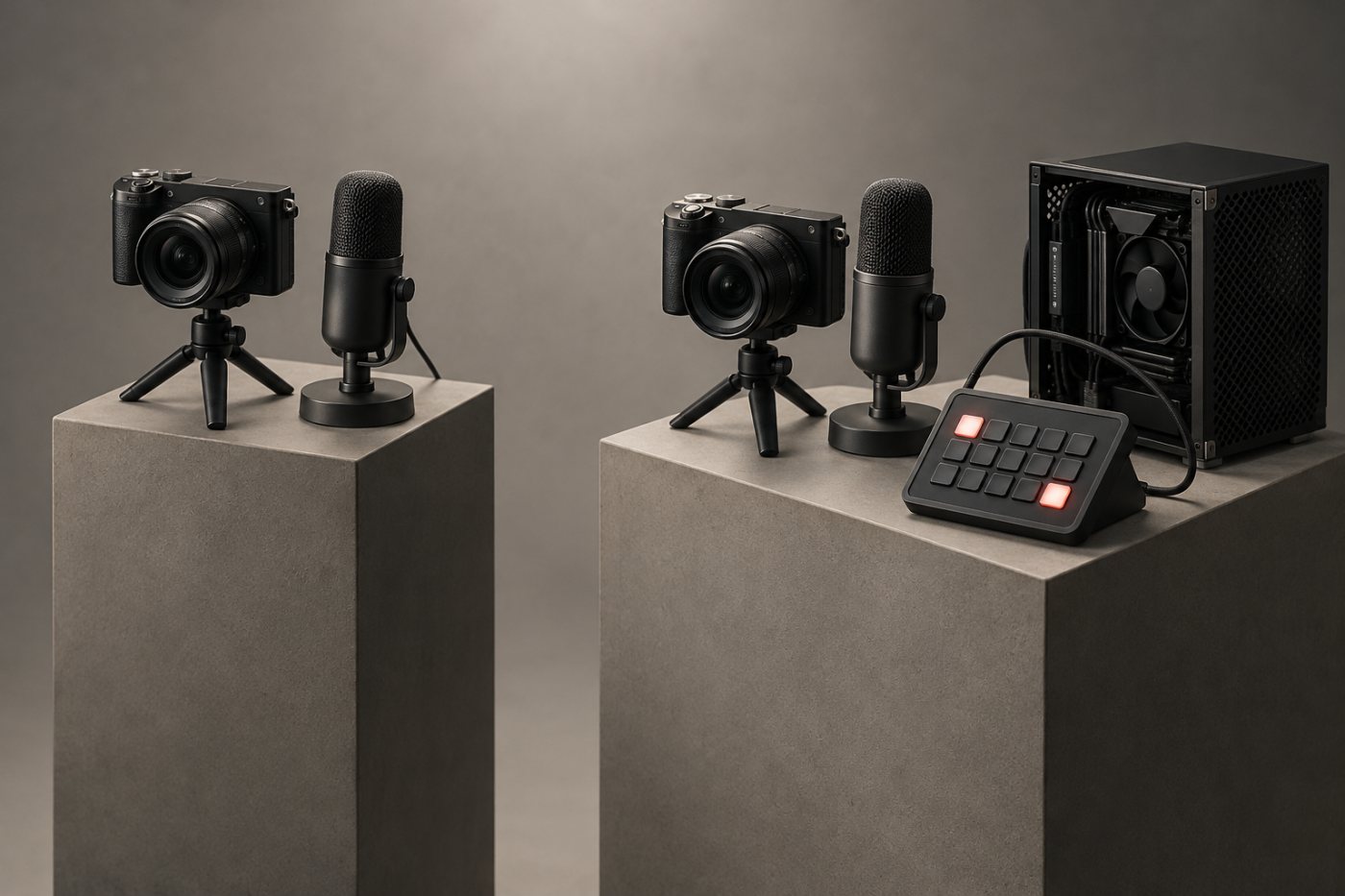 방송 제어 공간의 Stream Deck과 카메라·오디오 장비가 OBS Studio 플러그인의 장비 연동 가능성을 보여준다.