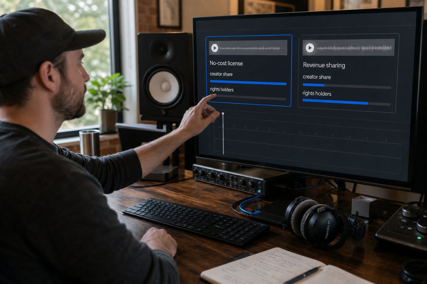 Audio Library and Creator Music options are compared by their different effects on video monetization.
