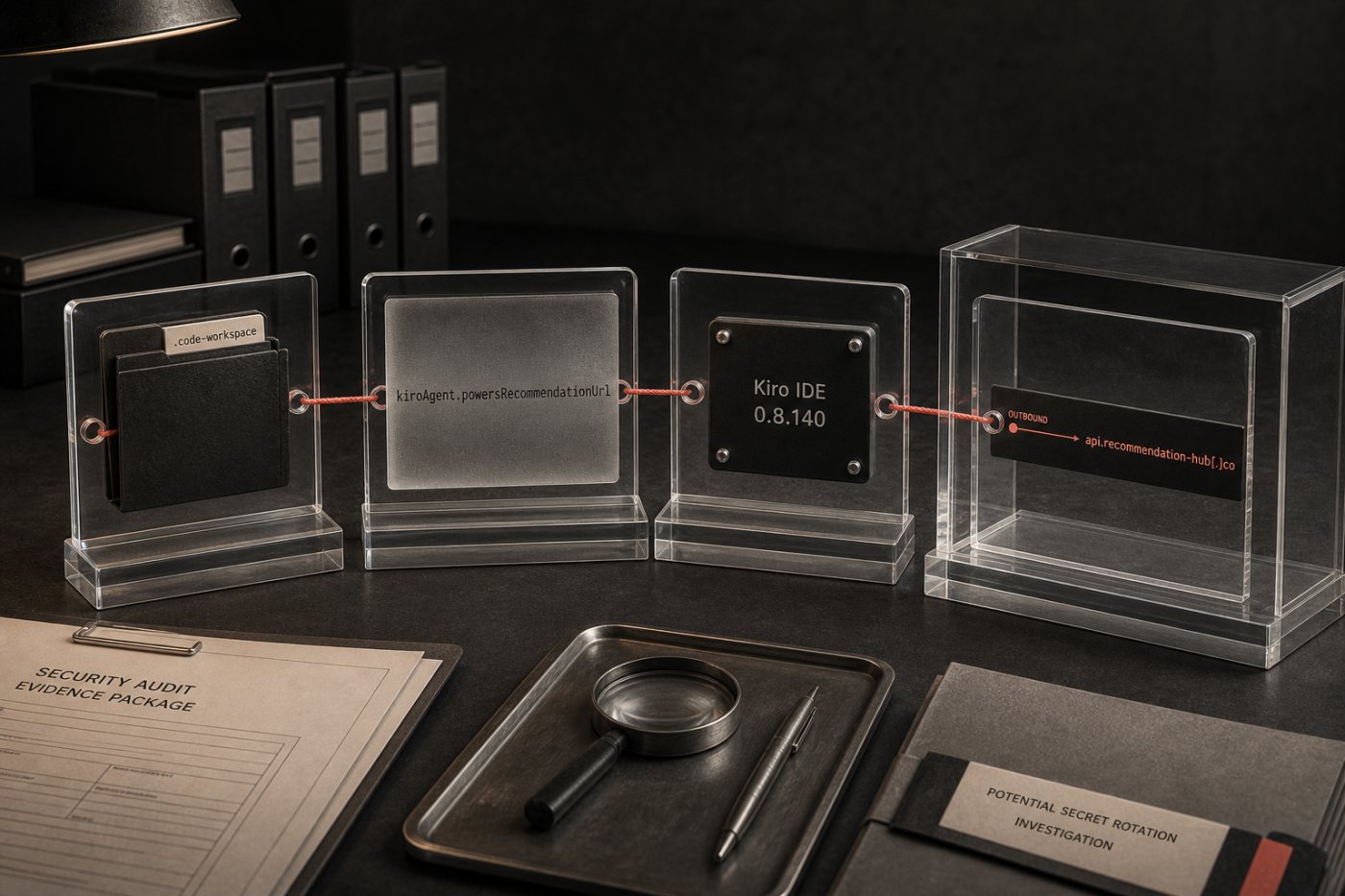Vérification d’un environnement Kiro portant sur la version installée, les fichiers d’espace de travail, la configuration Powers et les connexions sortantes.