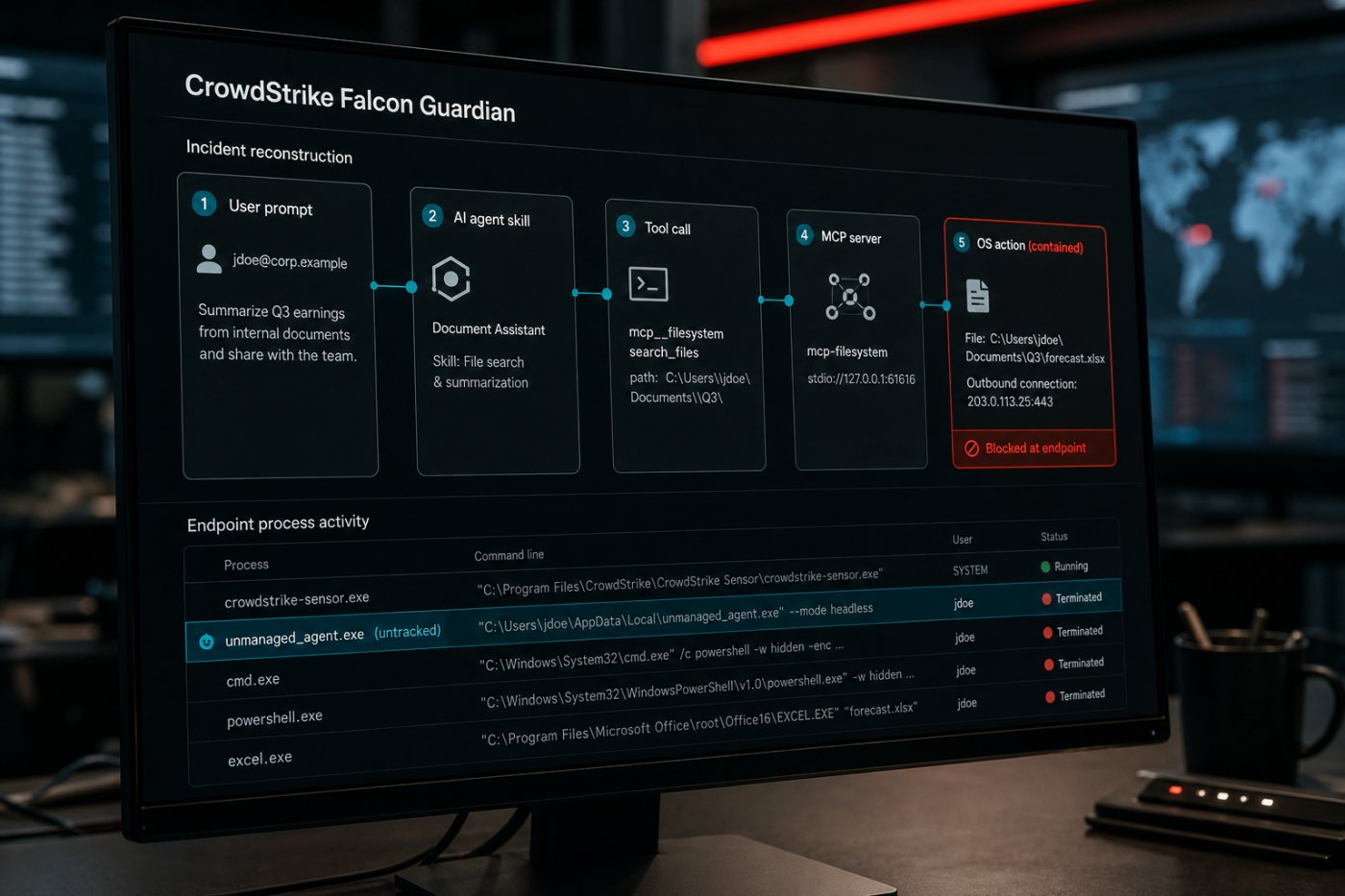 Falcon Guardianが未把握のAIエージェントを検出し、プロンプトから端末操作までを追跡して封じ込める流れ