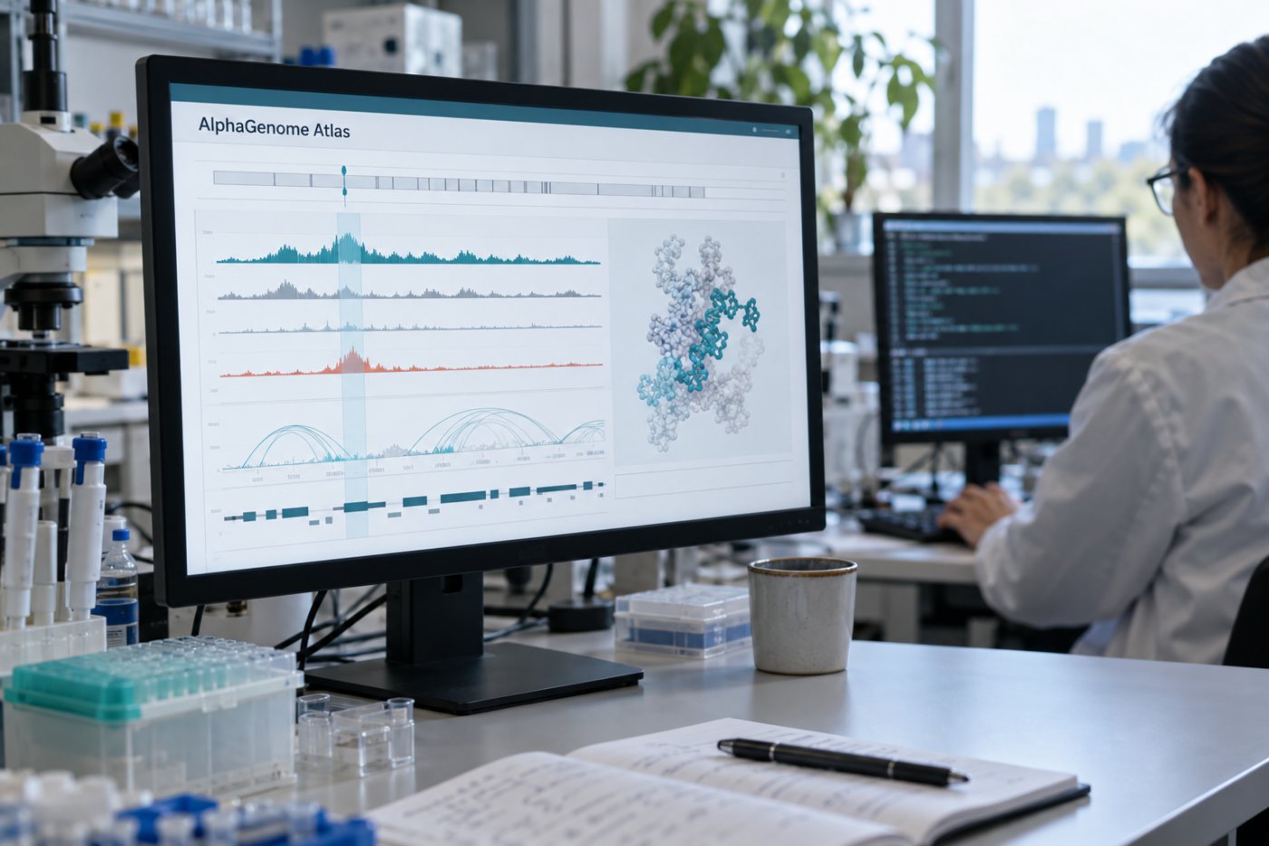 Researchers access AlphaGenome Atlas through portal lookup and API queries that return non-clinical prediction results.
