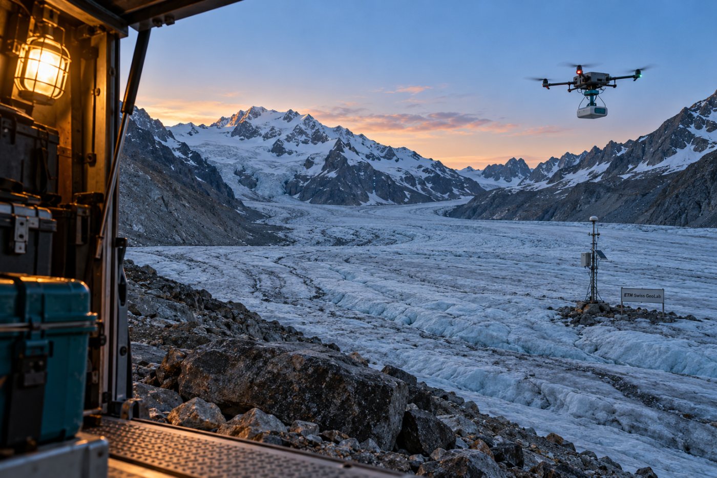 Eine Drohne mit Radargerät erfasst den Oigschtchummun-Gletscher, dessen Bewegung bereits überwacht wird.