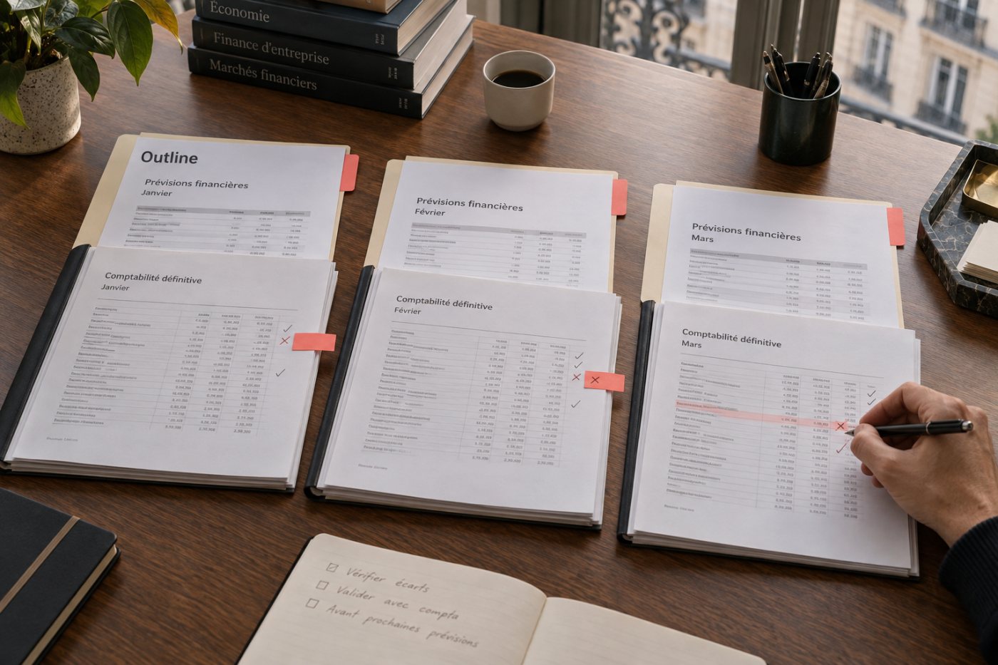 Des prévisions historiques produites avec Outline sont confrontées aux données comptables réelles avant un usage prospectif.