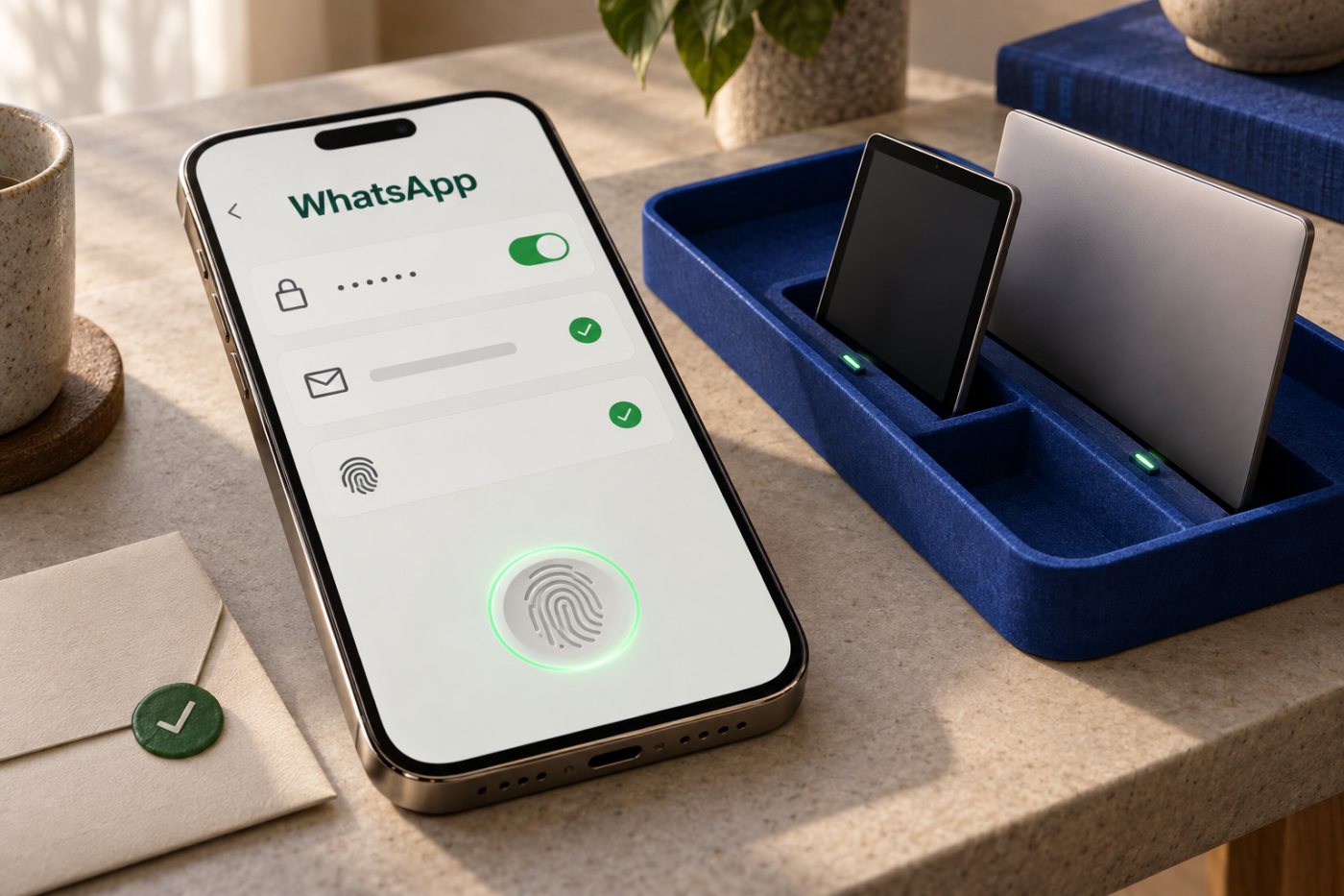 Pengaturan akun WhatsApp memperlihatkan verifikasi dua langkah, email pemulihan, passkey, dan perangkat tepercaya yang telah diperiksa.