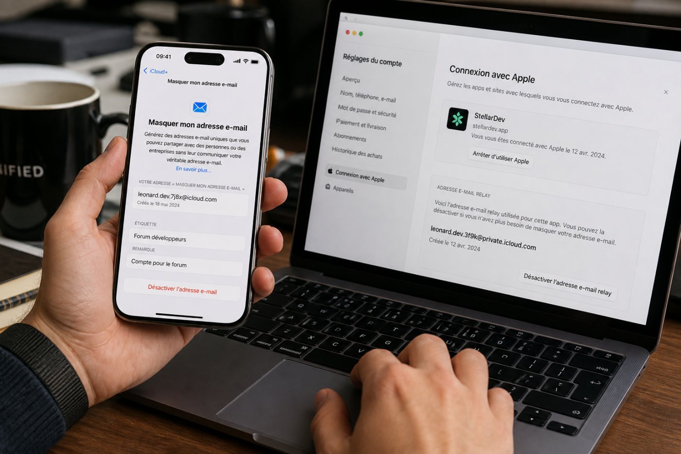 Hide My Email conserve @icloud.com tandis que Sign in with Apple adopte @private.icloud.com pour ses nouvelles adresses.