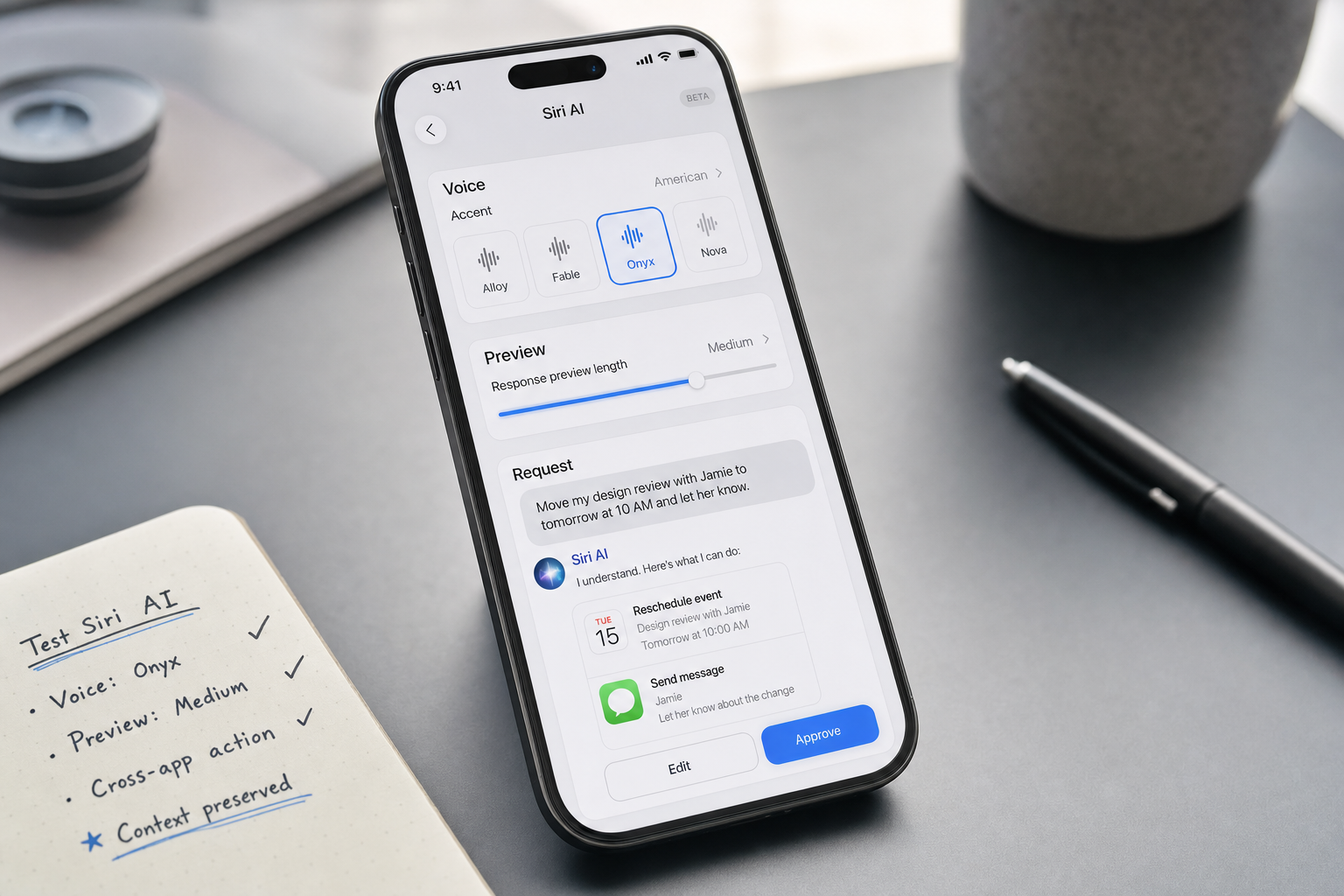 Siri AI voice, preview, and transcription settings being reviewed on an iPhone running iOS 27 beta 4