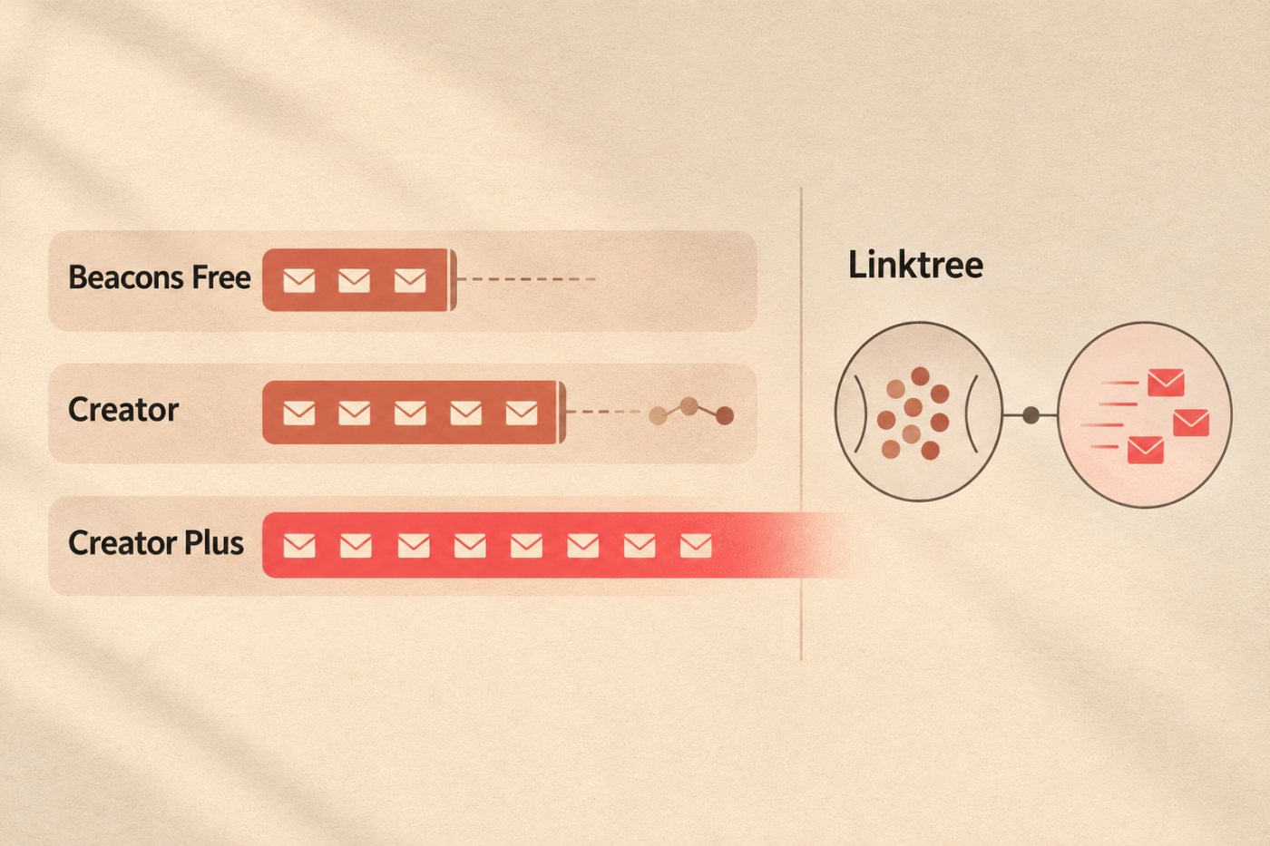 Beacons apvieno profila saiti un e-pasta izsūtīšanu, kamēr Linktree saišu lapā savāktos kontaktus var izmantot atsevišķā e-pasta rīkā.