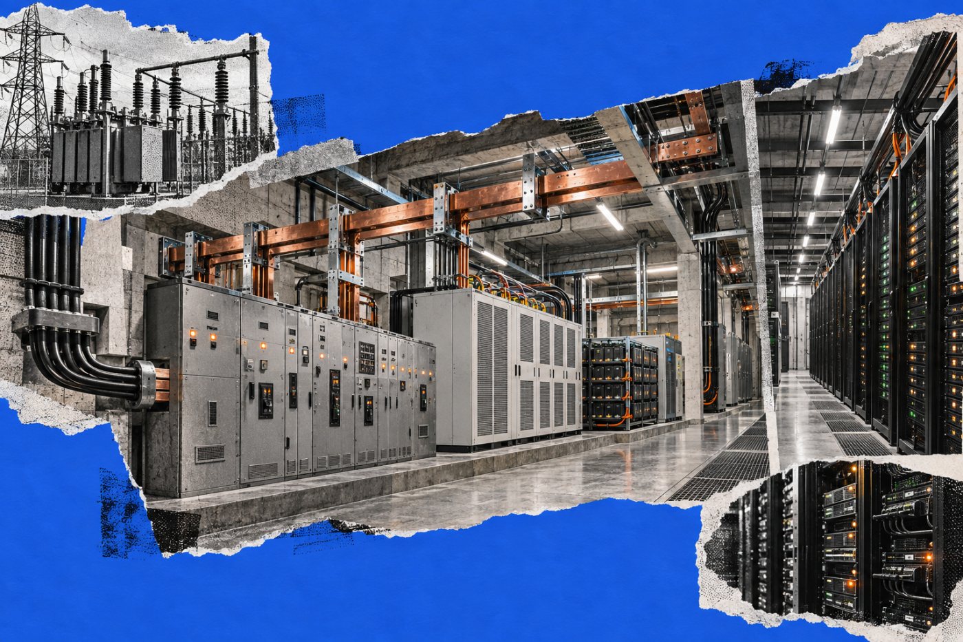 Grid interconnection سے conversion equipment کے راستے AI racks تک پہنچتی بجلی