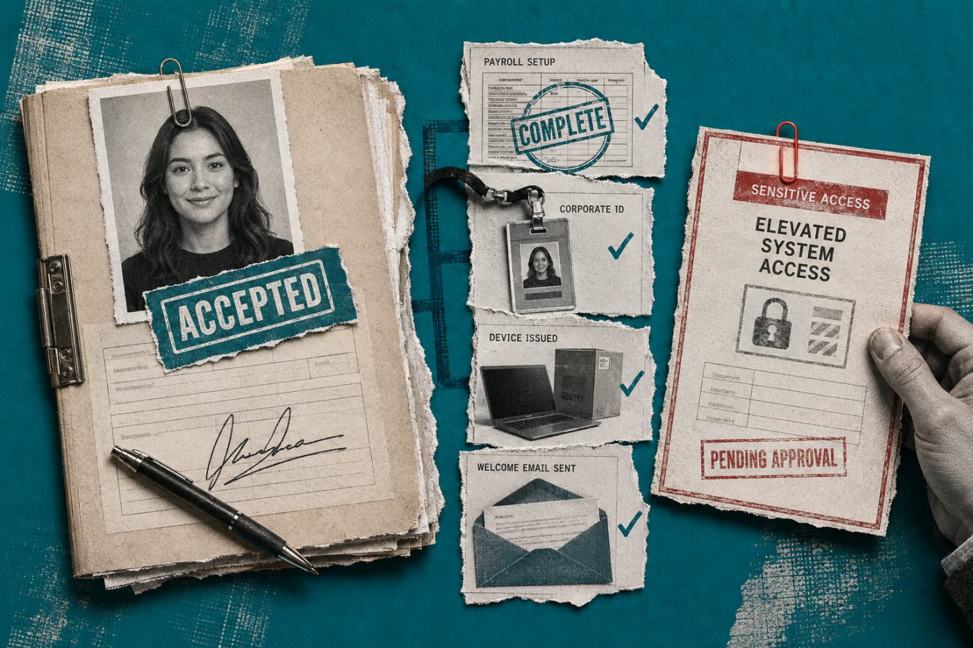 Ema coordina una incorporación entre nómina, identidad y dispositivos, con un acceso todavía pendiente de aprobación.