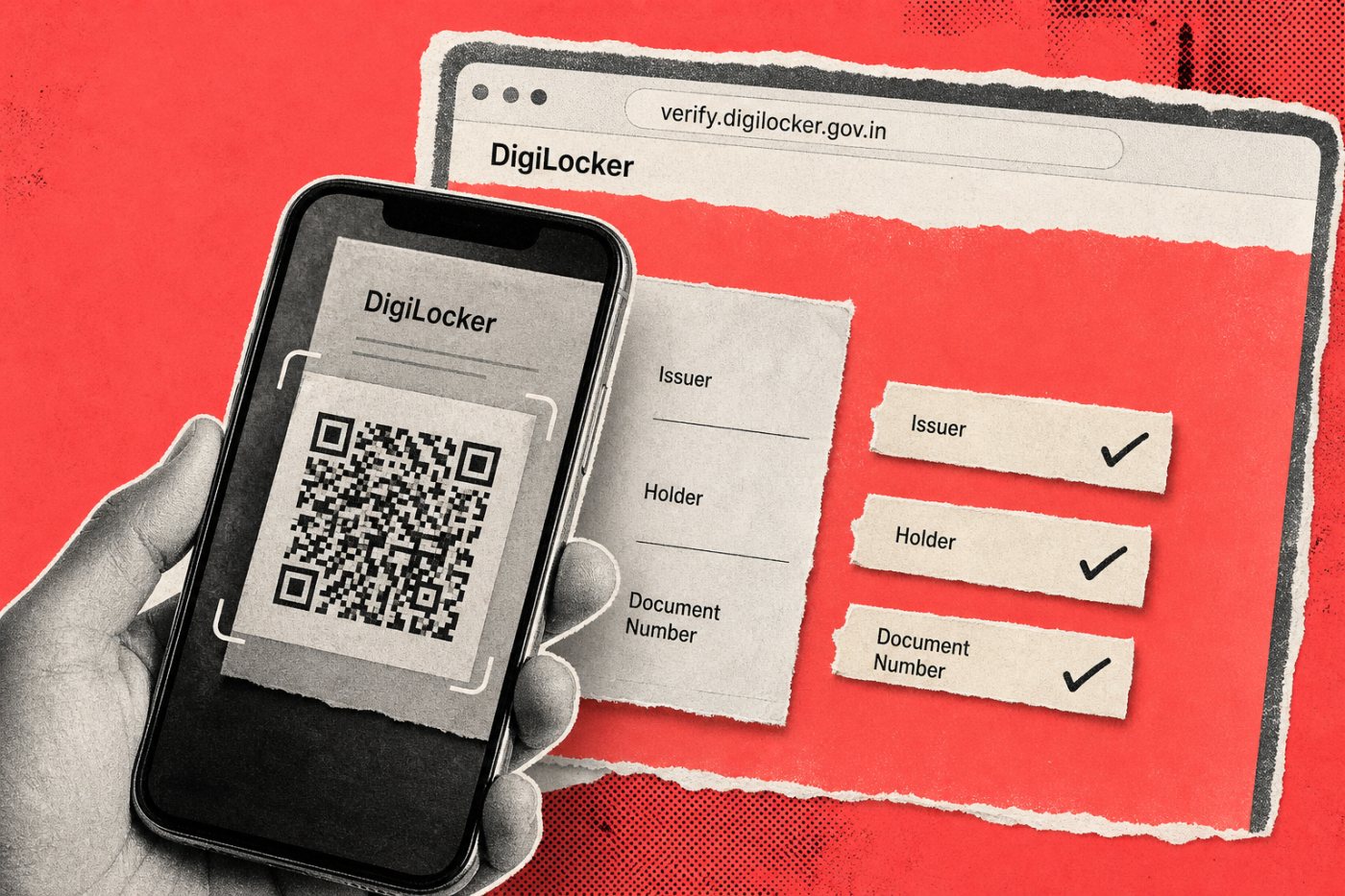 DigiLocker के आधिकारिक ब्राउज़र सत्यापन में QR स्कैन और जारीकर्ता, नाम तथा दस्तावेज क्रमांक का मिलान