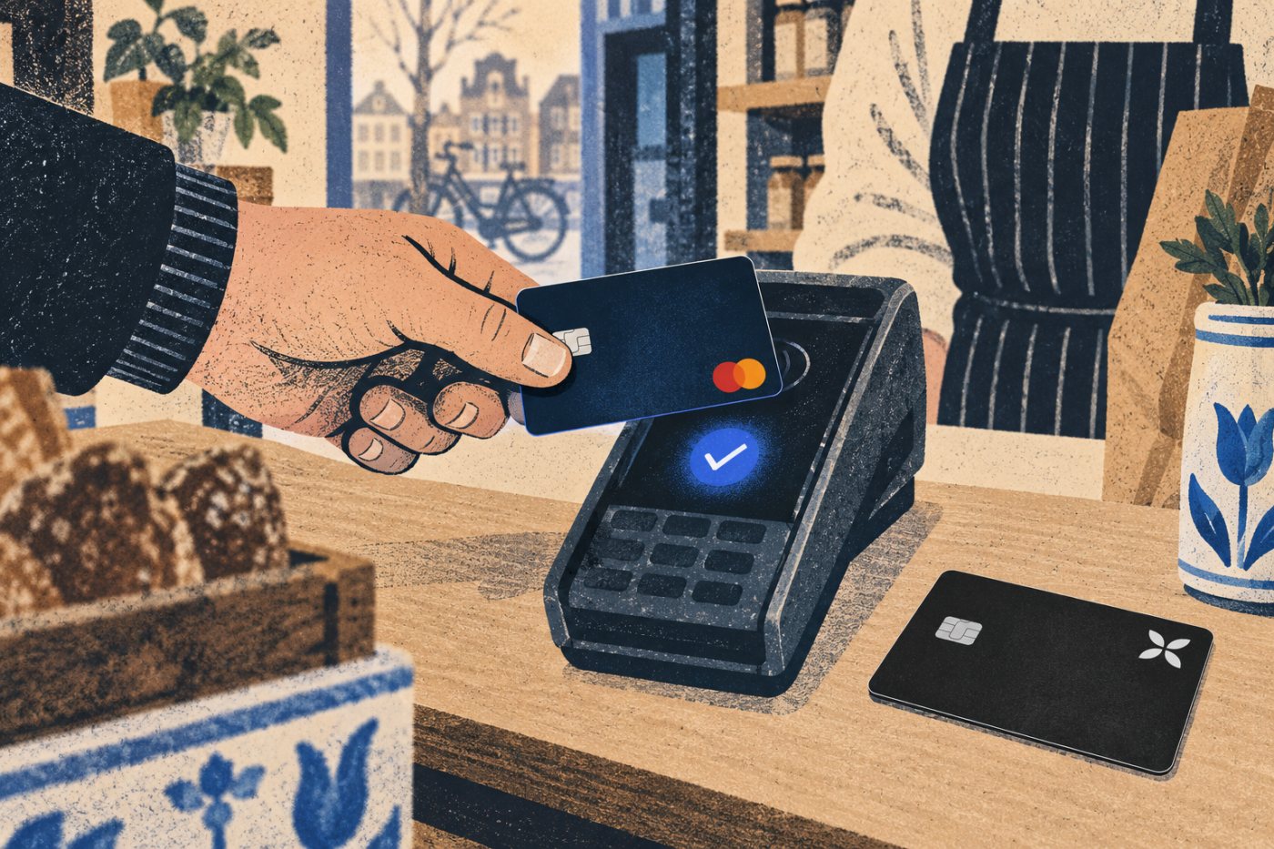 Een ondernemer gebruikt een zakelijke betaalkaart bij een betaling; Knab en Qonto verschillen in inbegrepen kaarten en betaalbundels.