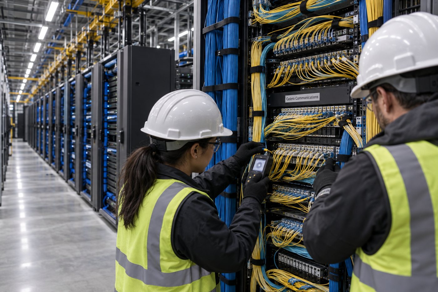 Racks de aceleradores de IA ligados por fibras ópticas mostram a rede como limite para ampliar a capacidade computacional.