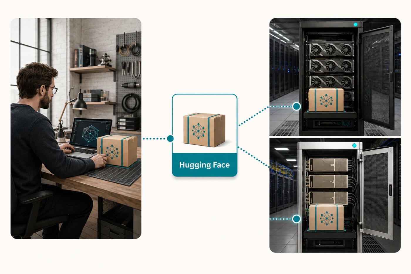 Developers upload and download a Hugging Face model for deployment on non-Nvidia infrastructure