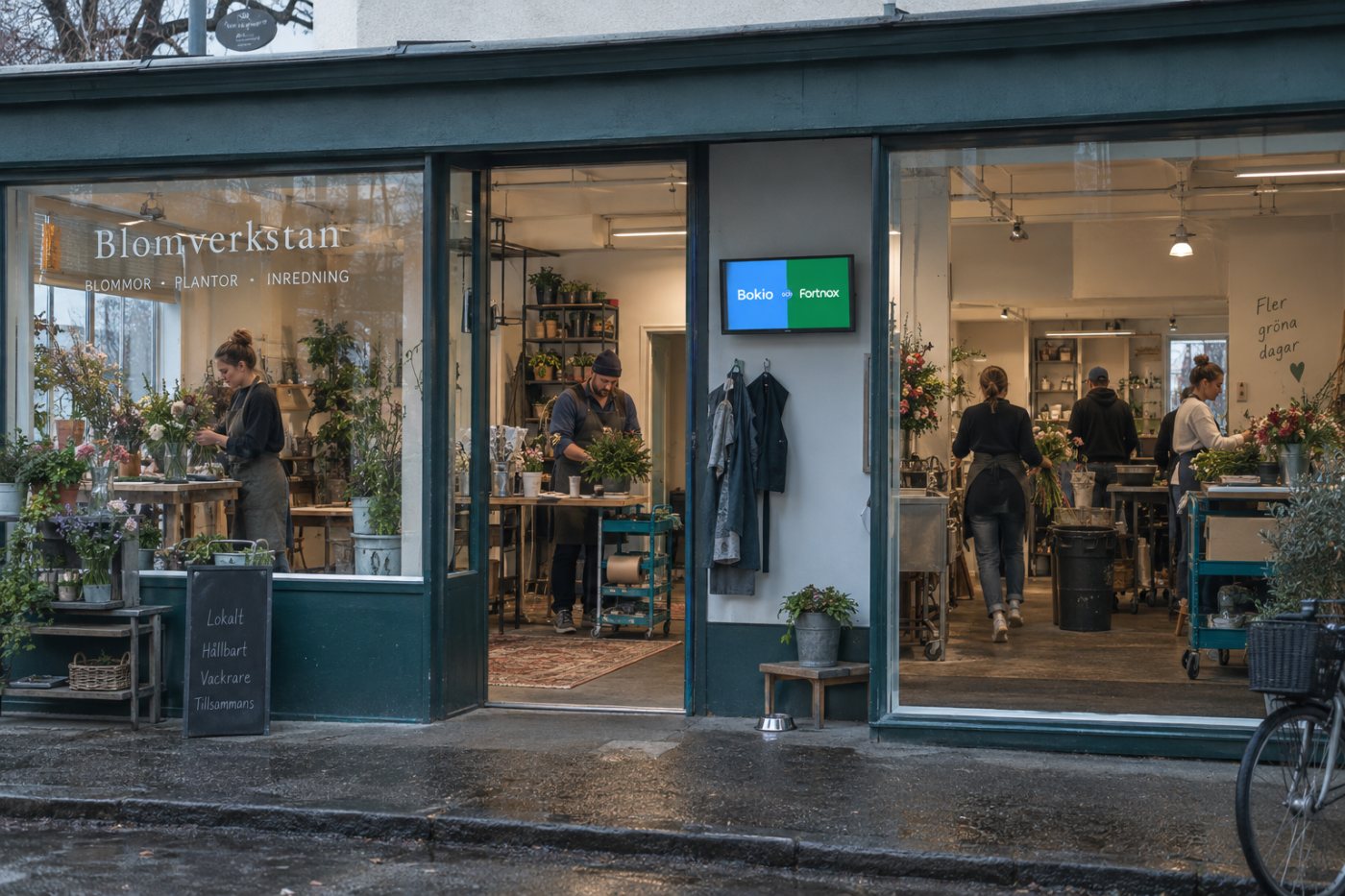 Tre svenska småföretagsbehov ger olika månadskostnader i Bokio och Fortnox när fakturering, bankkoppling och löner räknas in.