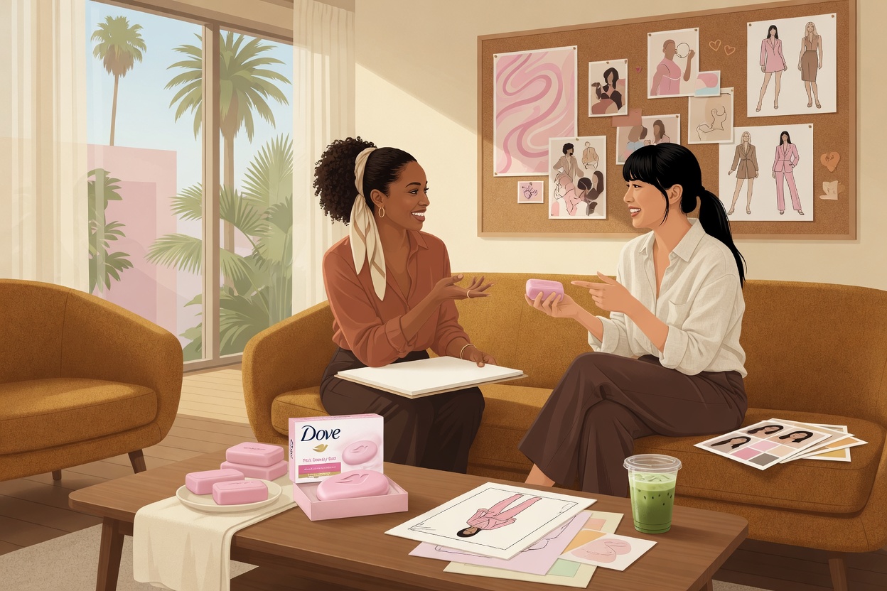 Content creators planning co-branded content for the Dove and Elle partnership