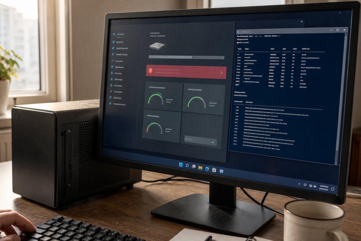 Встроенная проверка физического NVMe-накопителя в Windows сопоставляет предупреждение, остаточный ресурс, резервную ёмкость и температуру.
