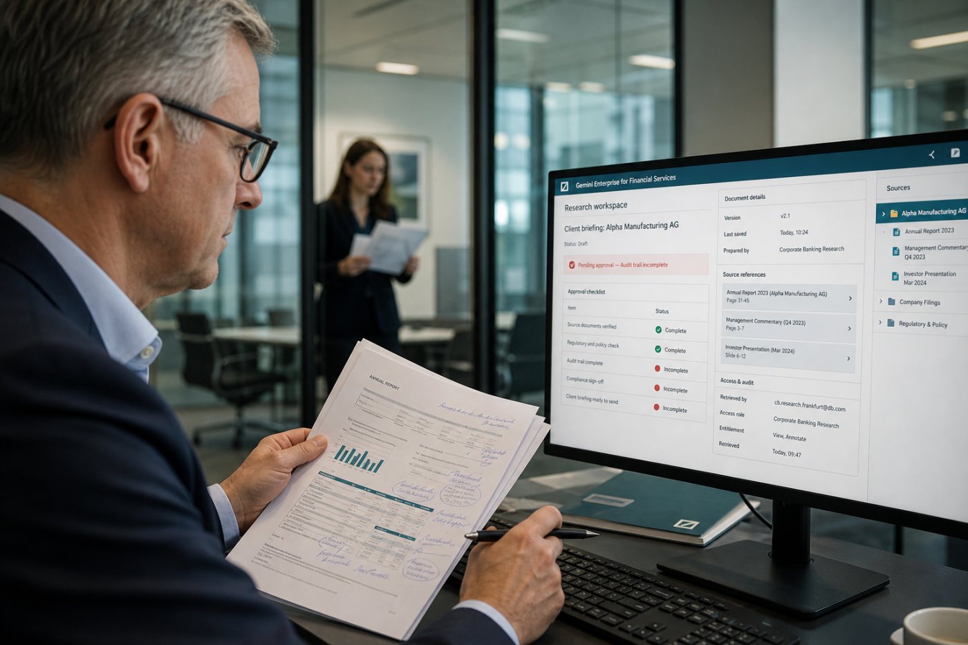 Quy trình nghiên cứu có kiểm soát tại Deutsche Bank dùng Financial Research agent trước khi phê duyệt tài liệu khách hàng