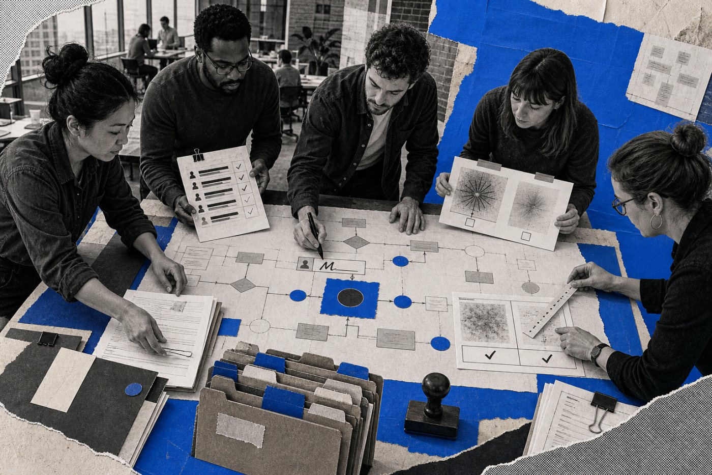 Equipe verifica documentação, permissões, responsabilidade, revisão humana e métricas antes de iniciar um piloto de IA.