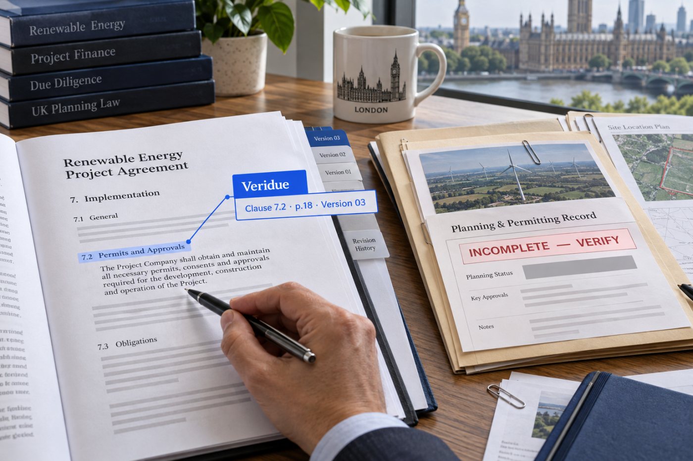 Veridue-এর finding মূল contract clause ও document version-এর সঙ্গে যুক্ত, আর অসম্পূর্ণ planning record অমীমাংসিত