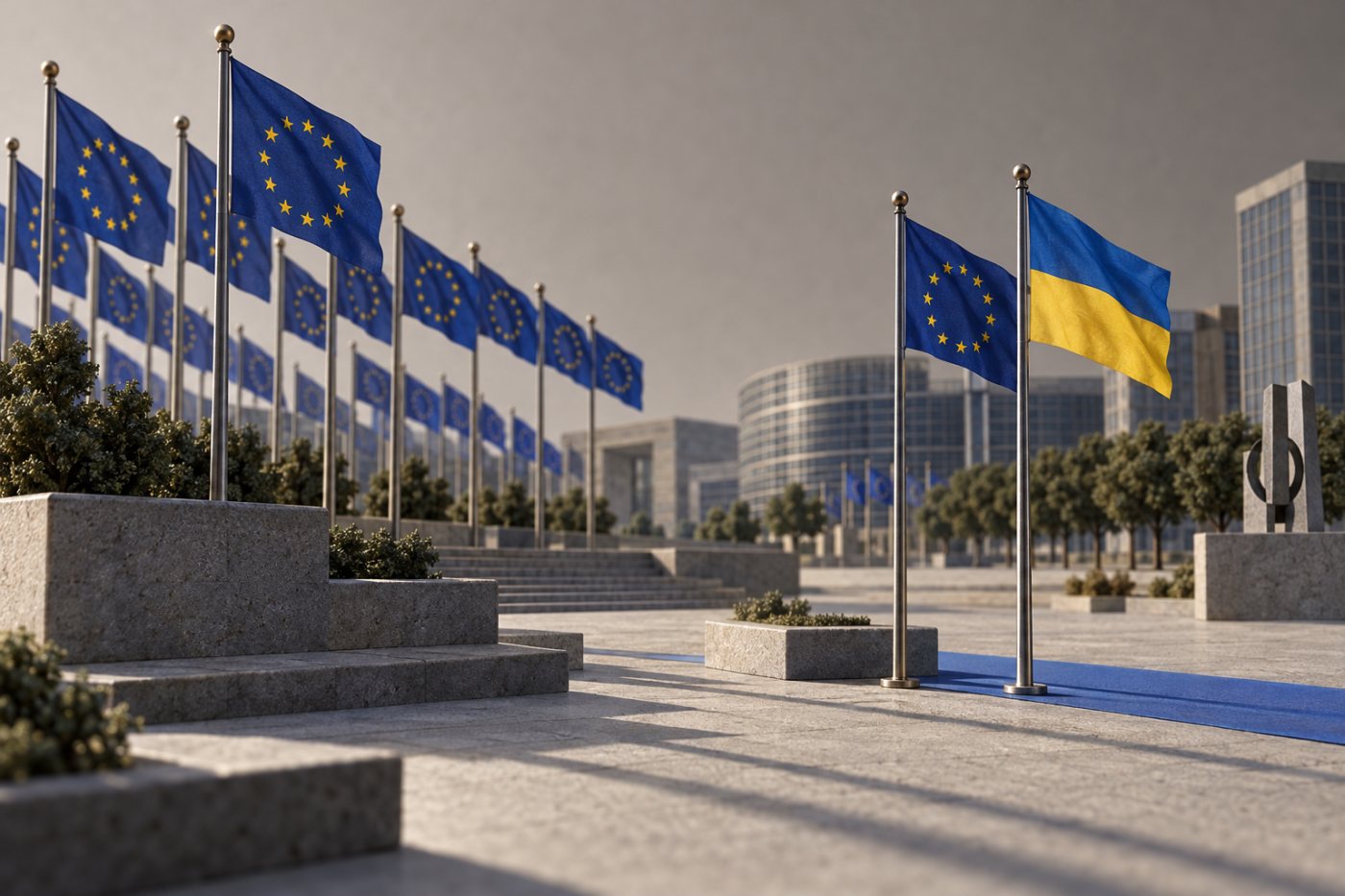 Flamujt e BE-së dhe Ukrainës në Bruksel shënojnë bashkëpunimin mes palëve që ruajnë përgjegjësitë e tyre të veçanta.