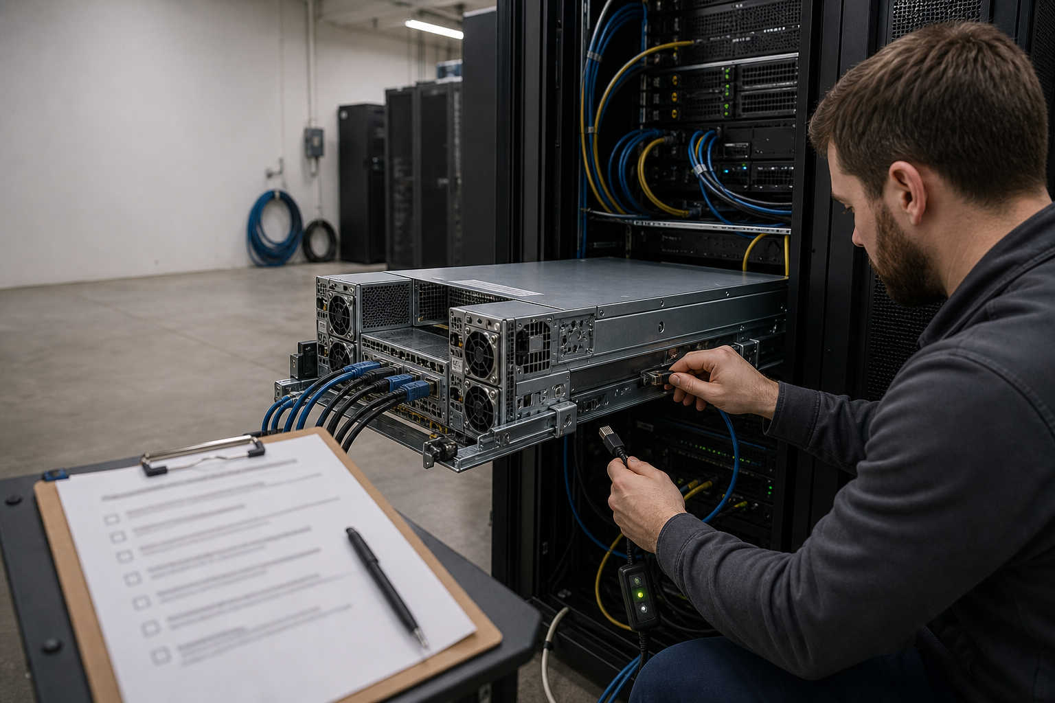 AI server rack being checked during data-center commissioning