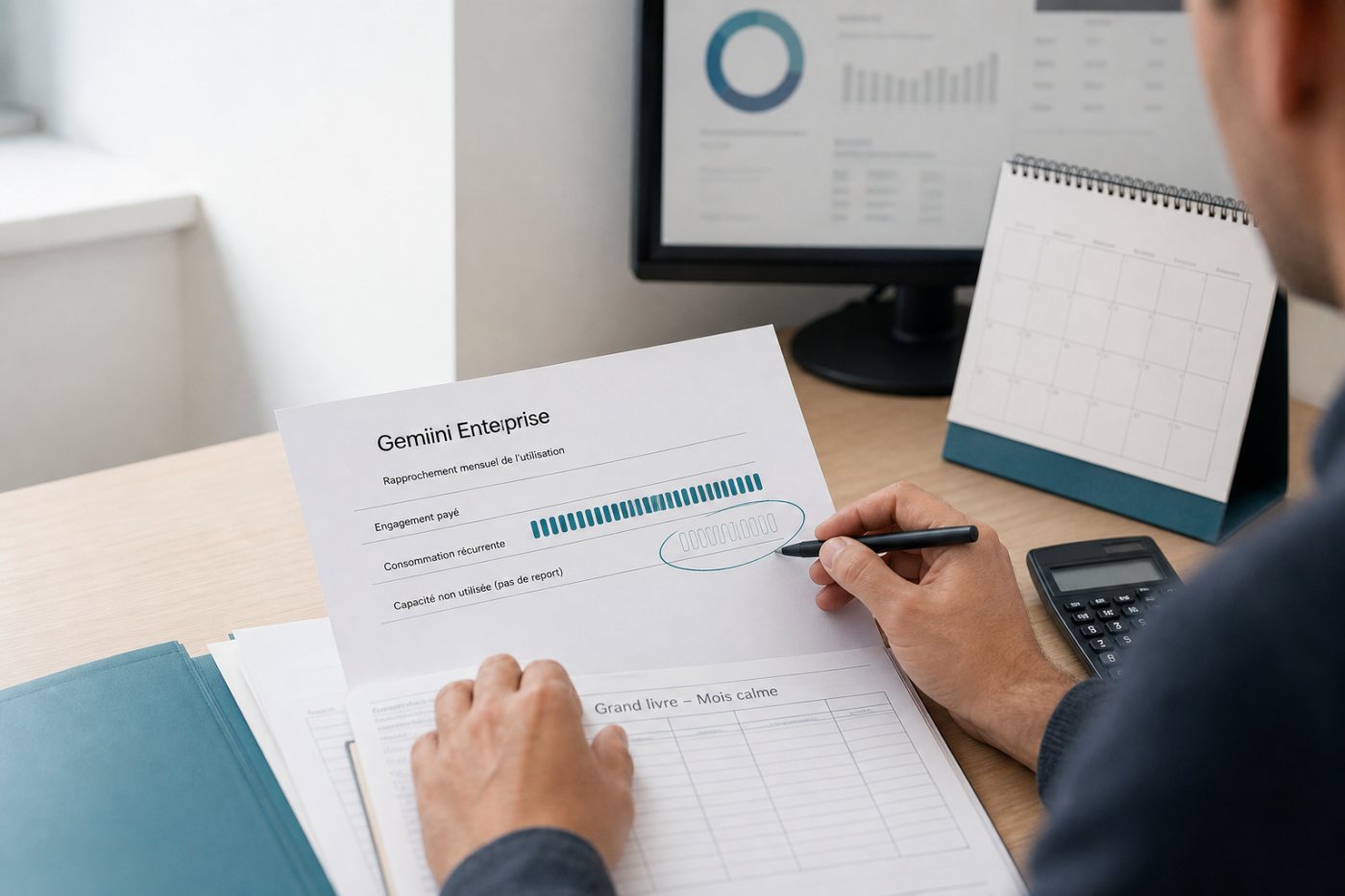 Une charge stable de Gemini Enterprise utilise un engagement mensuel, tandis qu’un mois plus calme laisse une part payée inutilisée.
