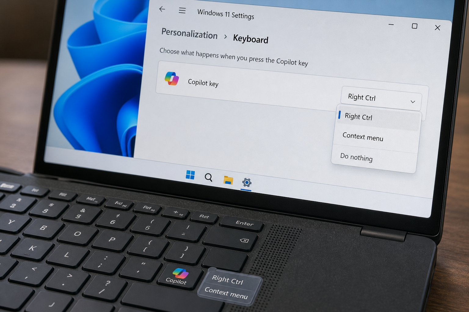 Windows 11 सेटिंग्स में Copilot कुंजी को Right Ctrl और Context menu में बदलने के विकल्प