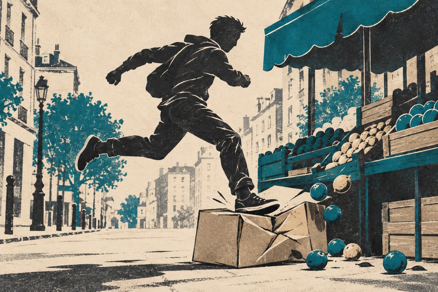 Dans un essai rapporté de Kling 4.0, un carton se déforme sous le poids d’un personnage pendant une poursuite urbaine.