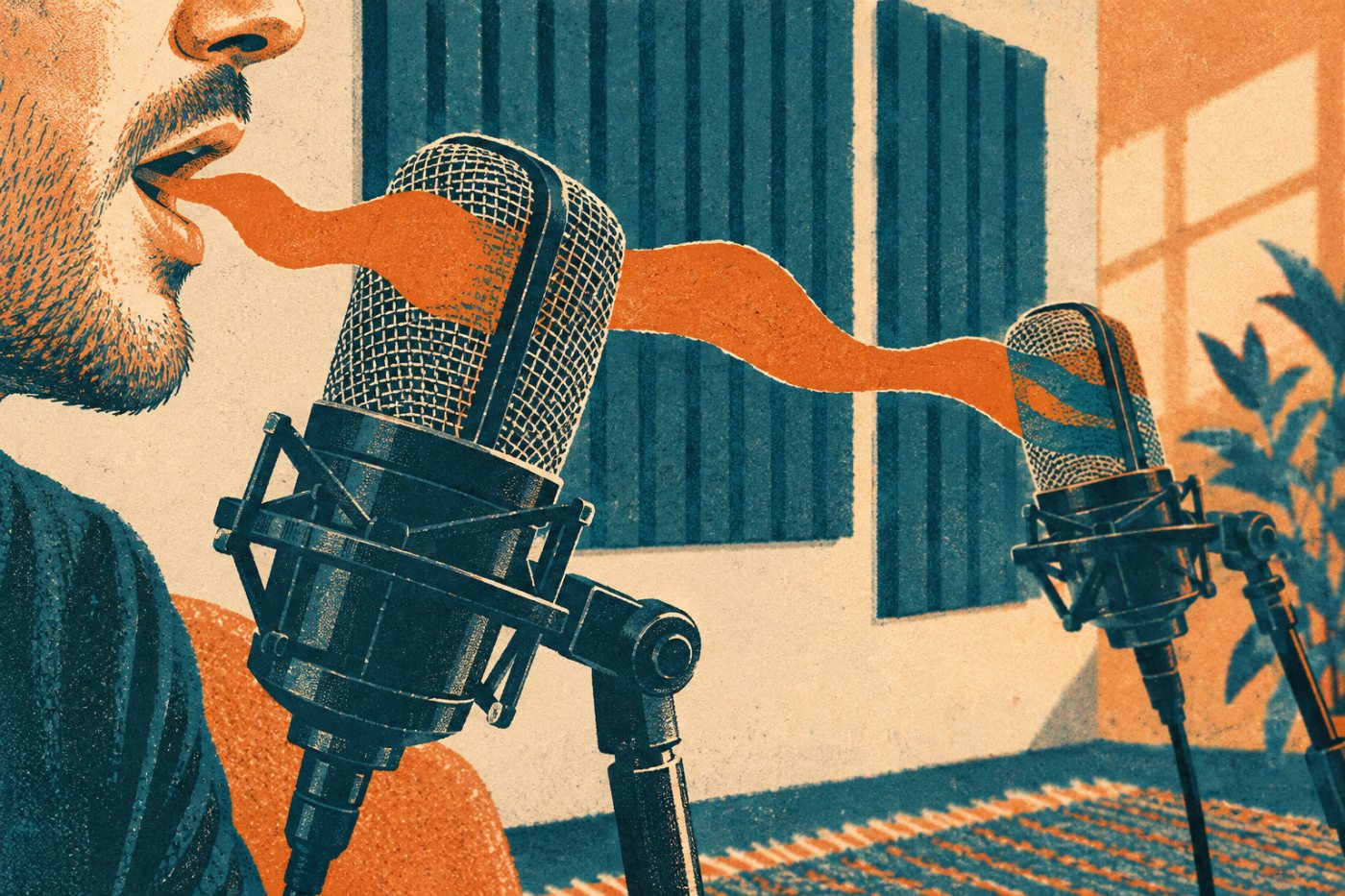Microfones separados captam a mesma conversa; o processamento multifaixa pode reduzir o vazamento de voz na mistura final.