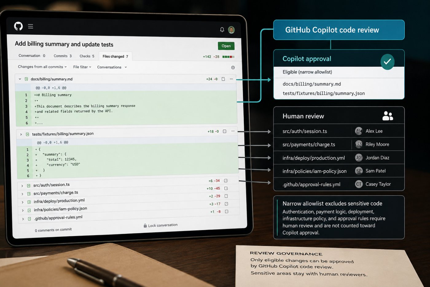 کم خطرے والی files پر Copilot approval اور حساس code paths پر لازمی انسانی review