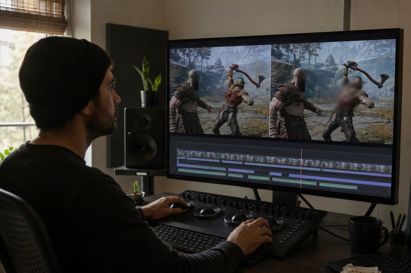 A creator compares unobscured and obscured graphic gameplay during a YouTube monetization review.
