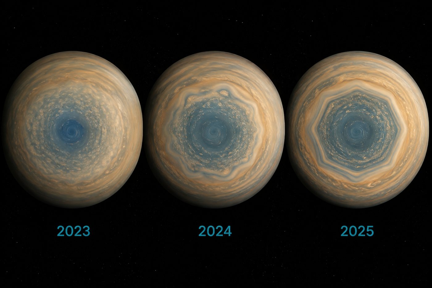 Successive observations show Saturn’s south-polar decagon becoming more distinct from 2023 to 2025