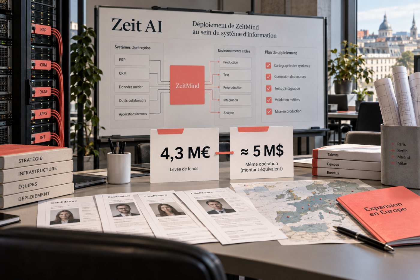 Le financement de Zeit AI, exprimé en 4,3 millions d’euros et environ 5 millions de dollars, soutient le déploiement de ZeitMind.
