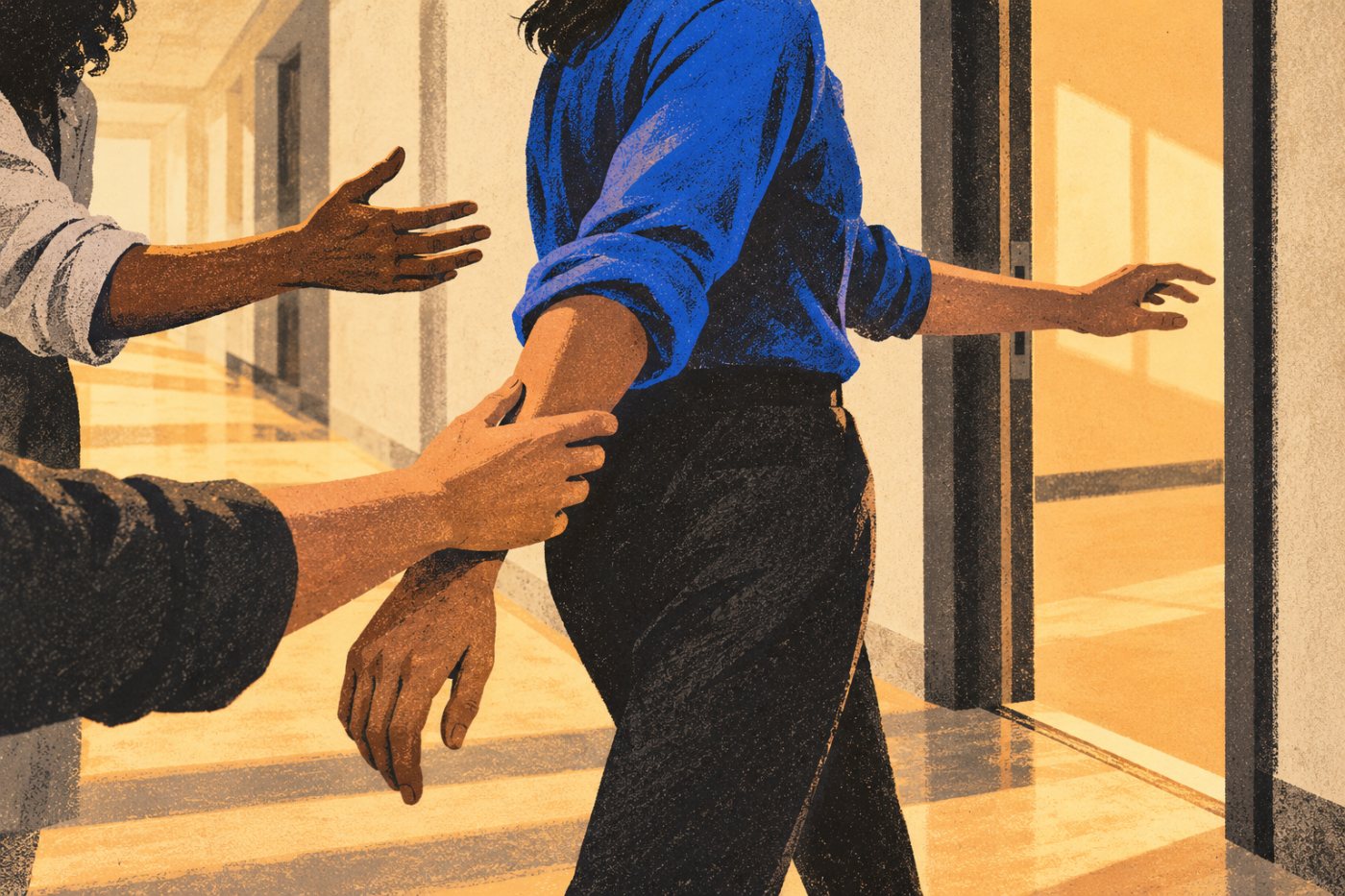 Colegas recorrem a um profissional mais experiente em IA, ilustrando o apoio informal que pode se somar às próprias tarefas.