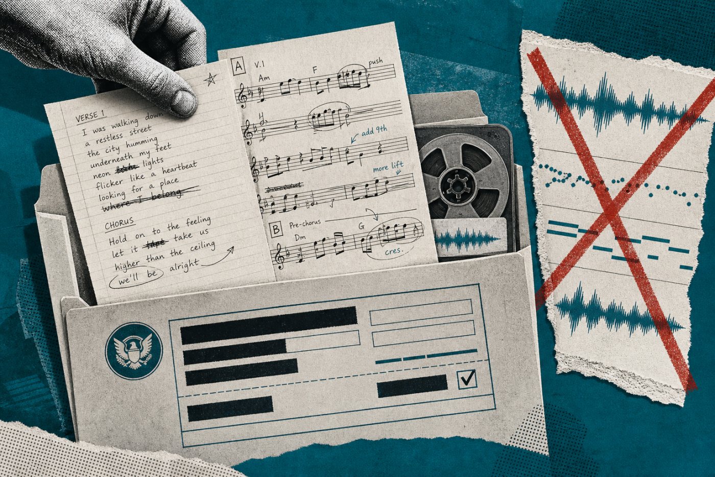 Registro de una canción asistida por Suno que separa la letra y las ediciones humanas del material generado por IA.