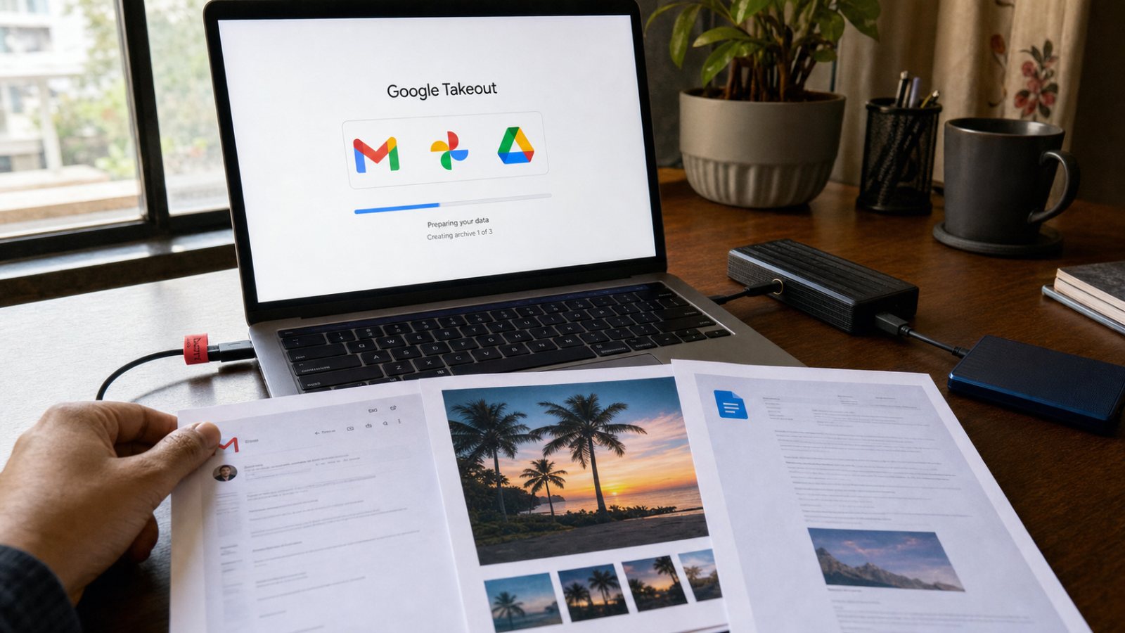 Google Takeout से Gmail, Photos और Drive का बैकअप कैसे लें: सही प्रारूप और संग्रह आकार चुन