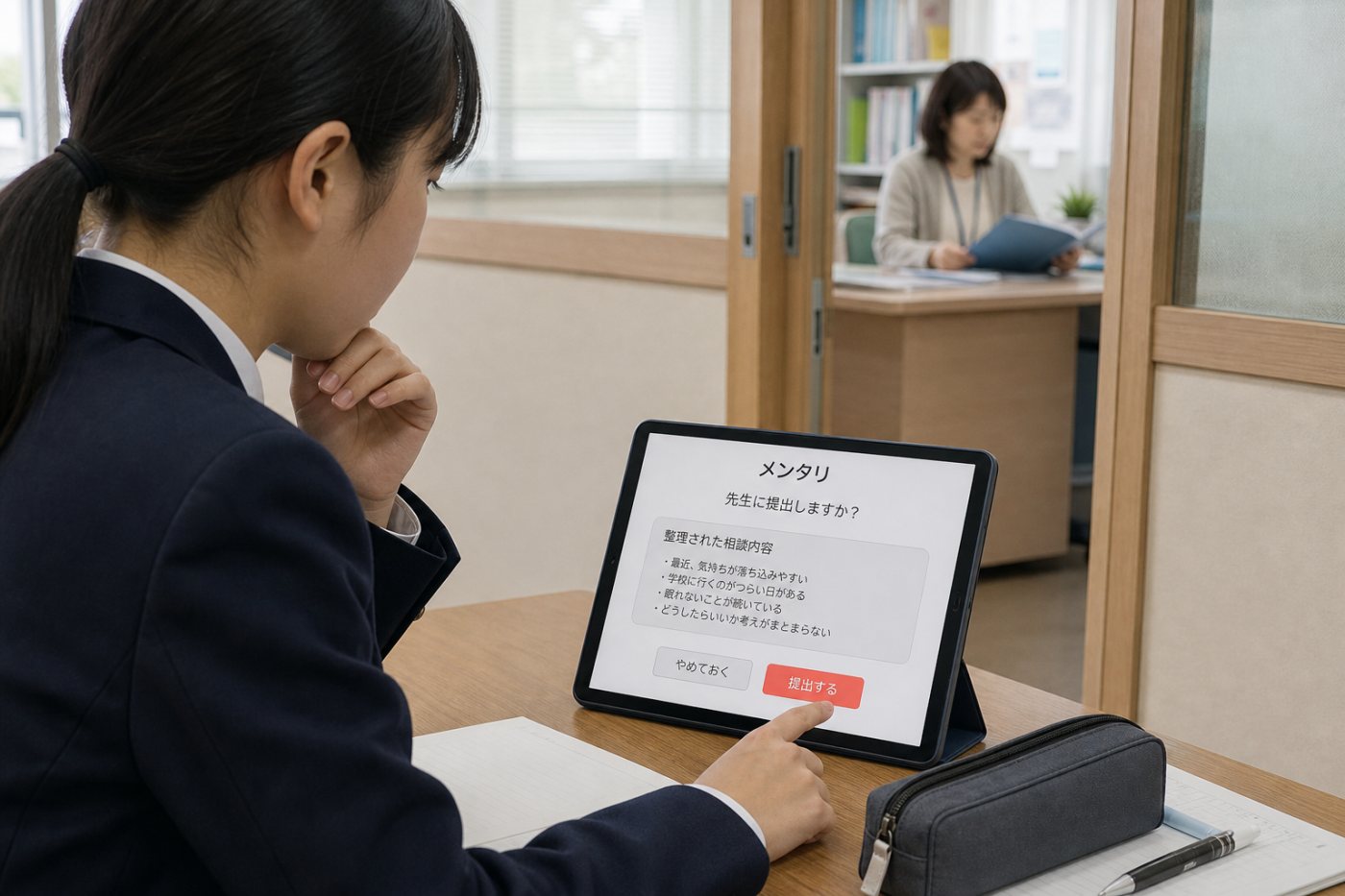 メンタリのAIチャットが相談を整理し、児童・生徒が教師への提出意思を確認する段階
