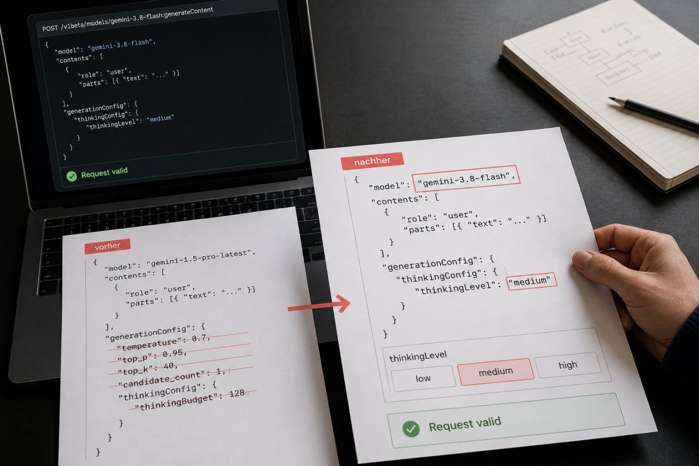 Migration auf gemini-3.8-flash mit neuer Denkstufe und bereinigten API-Parametern