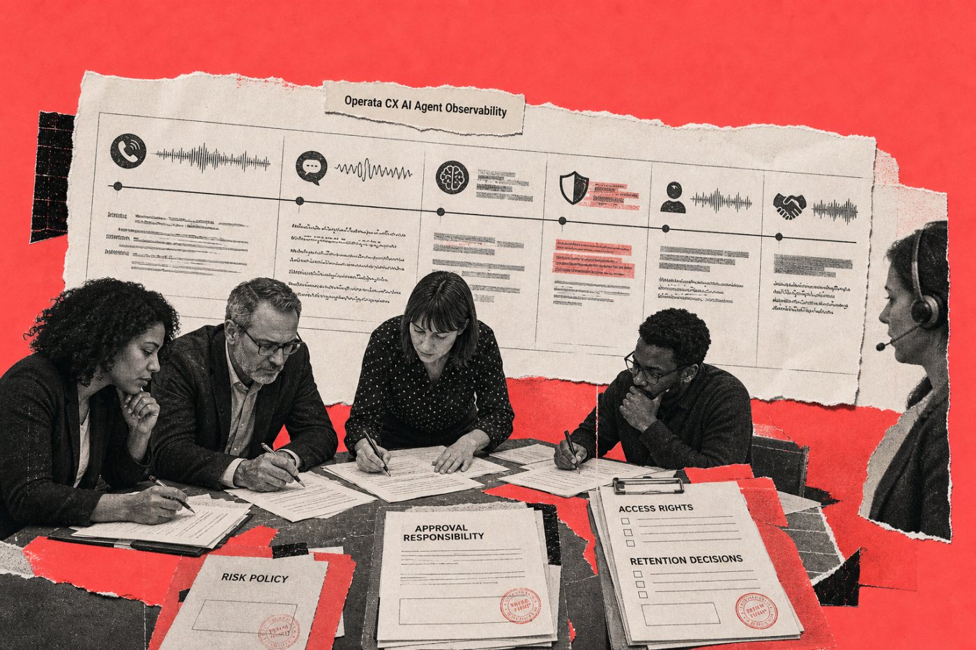 Une trace d’appel IA-humain sert de preuve, tandis que politiques, validations et droits d’accès restent des décisions distinctes.