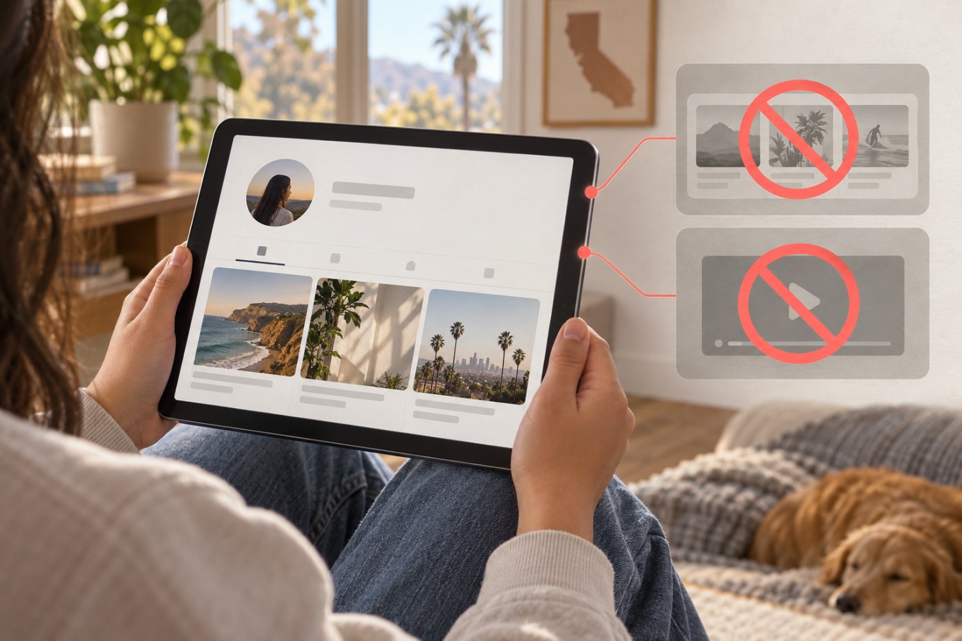 An under-16 California account remains accessible while addictive recommendations and autoplay are withheld.