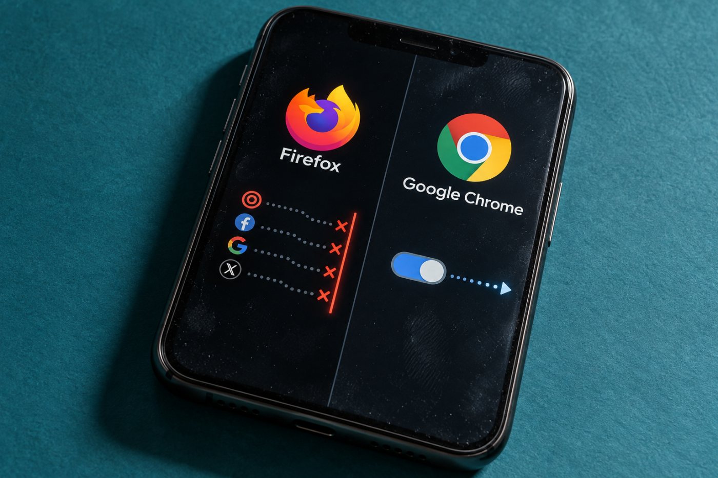 Firefox blokkerer kjente sporere som standard, mens Chrome lar brukeren slå av sending av bruksstatistikk.