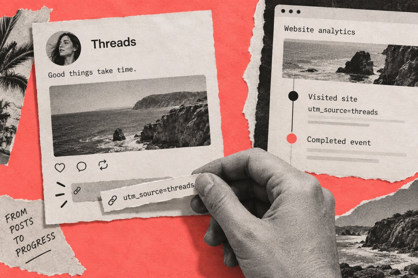 A tagged Threads link connects a post to visits and conversions measured outside the app
