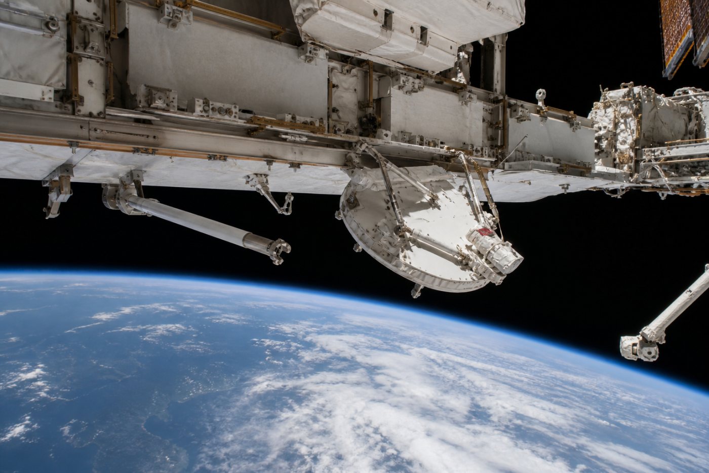 The failed Space-to-Ground Antenna is secured temporarily on the ISS truss after the first replacement attempt stopped.