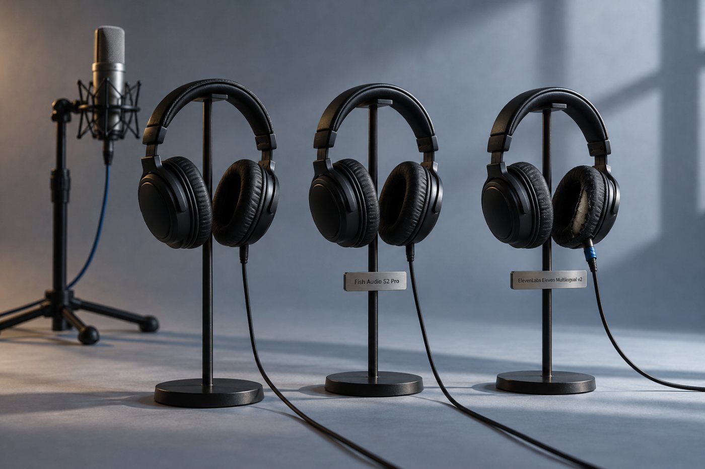 Rekaman acuan dan keluaran Fish Audio serta ElevenLabs dinilai terpisah untuk kemiripan suara dan kebersihan audio.