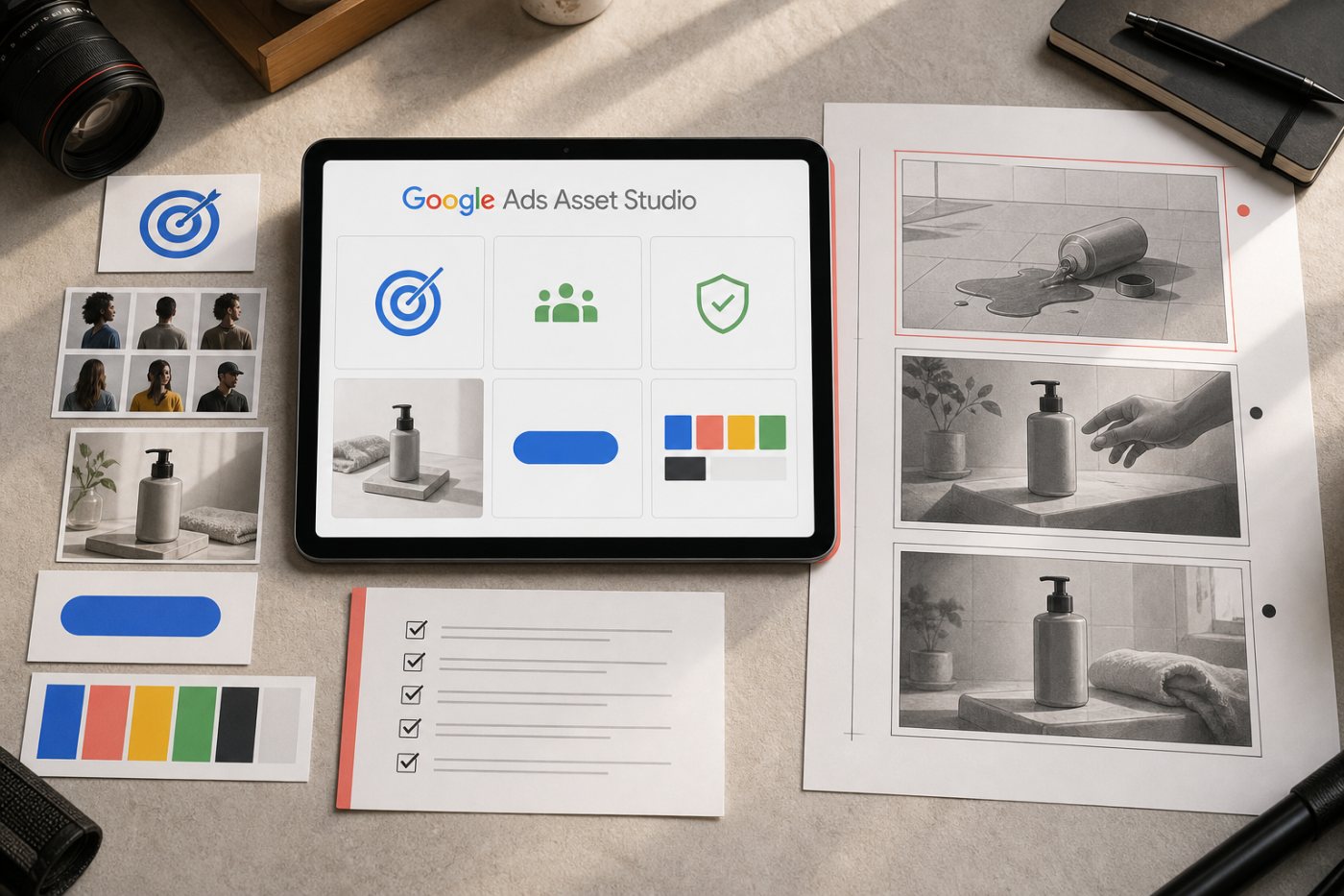 Brief structuré pour Google Ads Asset Studio avec objectif, public, promesse, preuve et contraintes de marque.