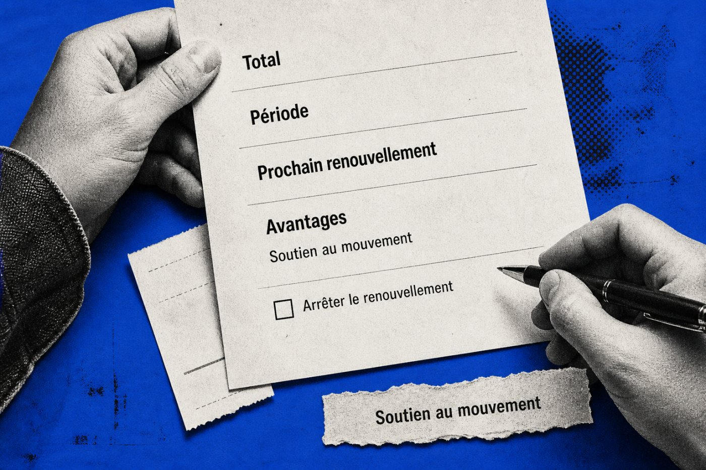 Un membre vérifie le prix, la fréquence, le renouvellement et les avantages annoncés avant de payer.