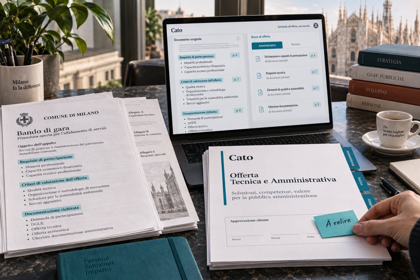 La plateforme de Cato extrait les exigences d’un marché public et prépare un projet de dossier à partir des documents de l’entreprise.