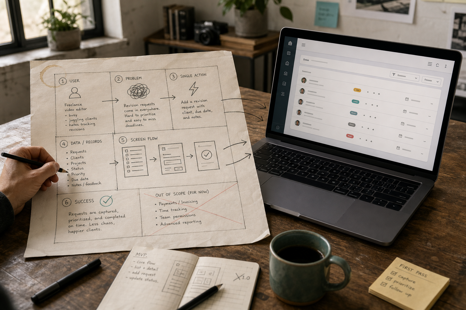 Founder narrowing a SaaS idea into one user workflow and a small set of records