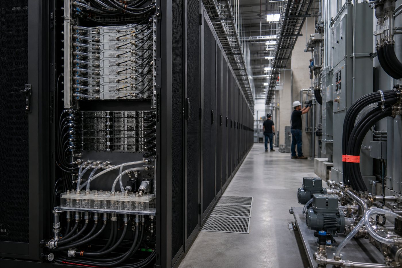 Racks de IA operan con sistemas dedicados de distribución eléctrica y refrigeración en un centro de datos de alta densidad.